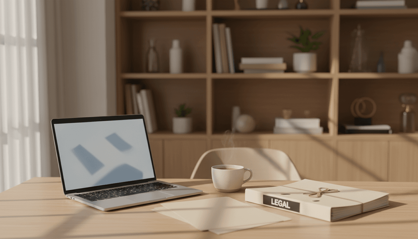 Legal documents and laptop on a desk in a warm home office setting