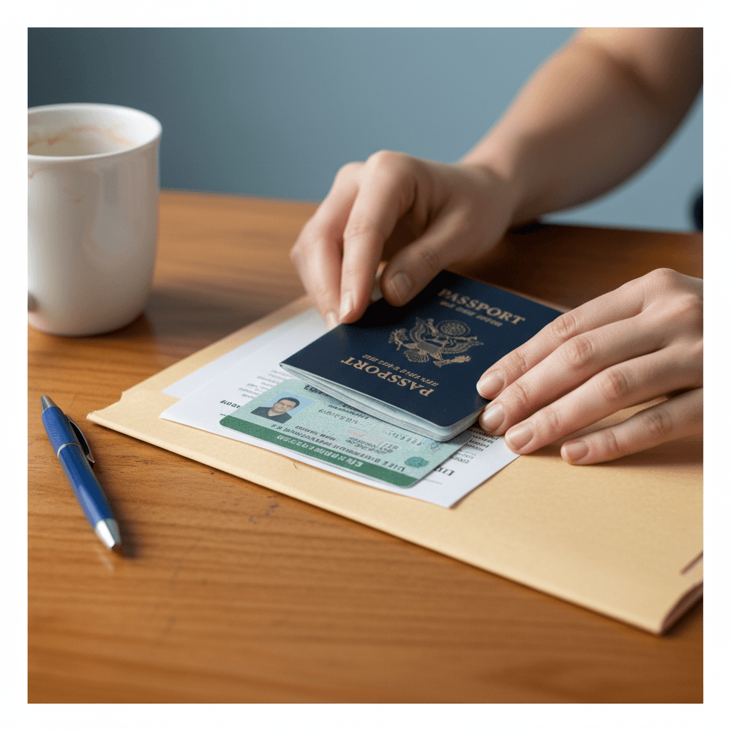 Hands placing passport and green card documents into a folder on a wooden desk