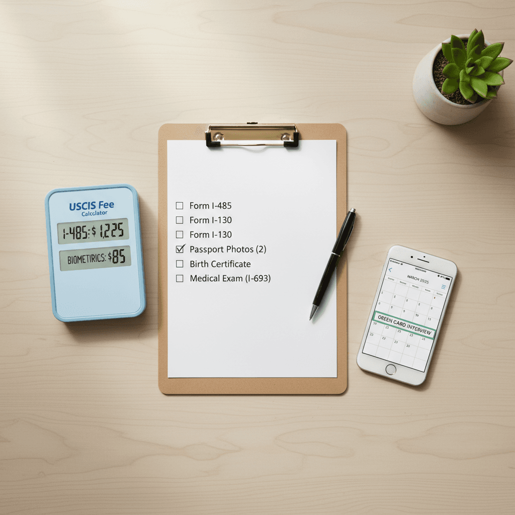 Overhead view of USCIS paperwork arranged on a clean wooden desk with a smartphone and checklist