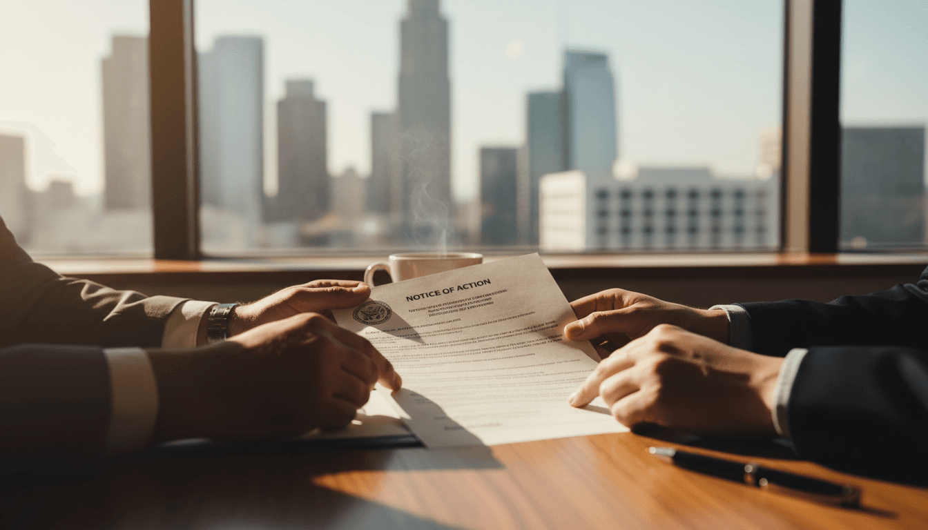 Paralegal pointing to immigration documents at a wooden desk with natural light