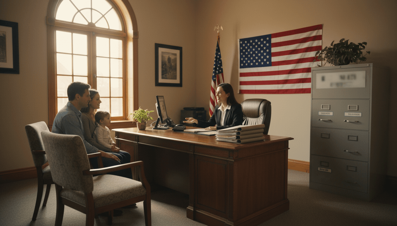 Bright and organized immigration paralegal office with a desk and US flag