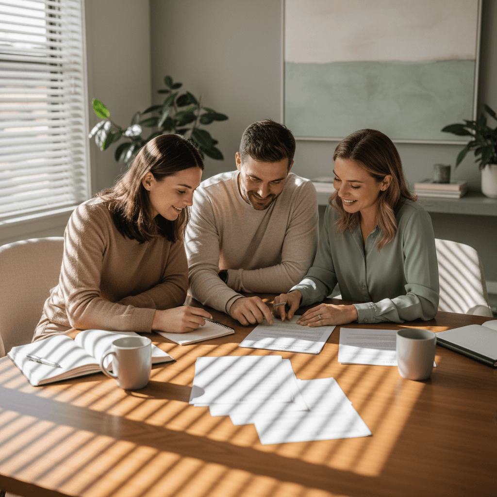 Couple reviewing USCIS forms with a paralegal in a bright office