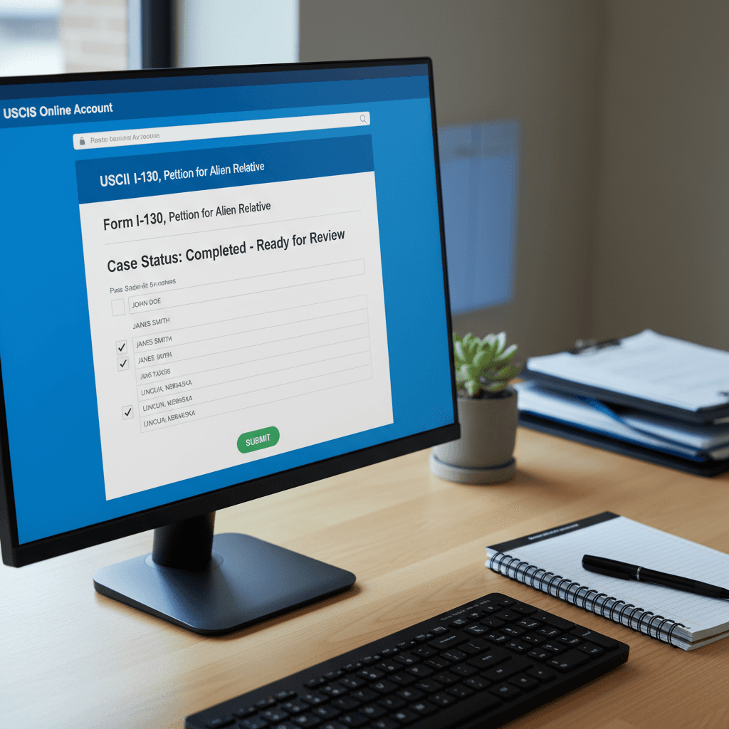 Computer screen displaying a USCIS online form with a notepad and pen beside it