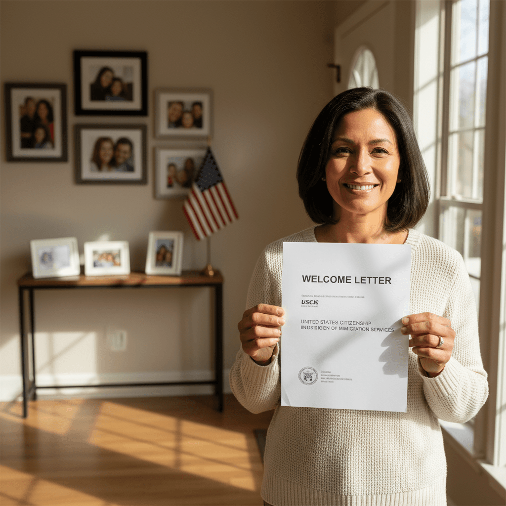 Person holding a USCIS welcome letter in a warmly lit home entryway