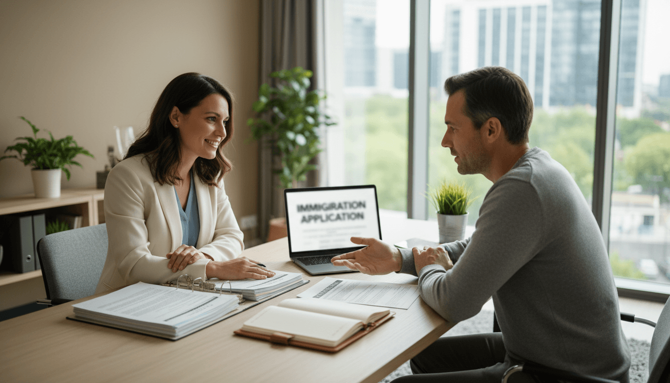 Immigration consultant reviewing documents with client in bright modern office during consultation meeting